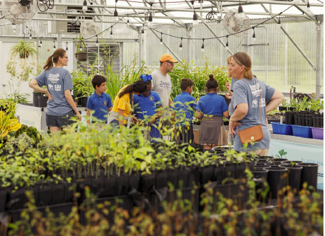 Volunteers in a greenhouse.